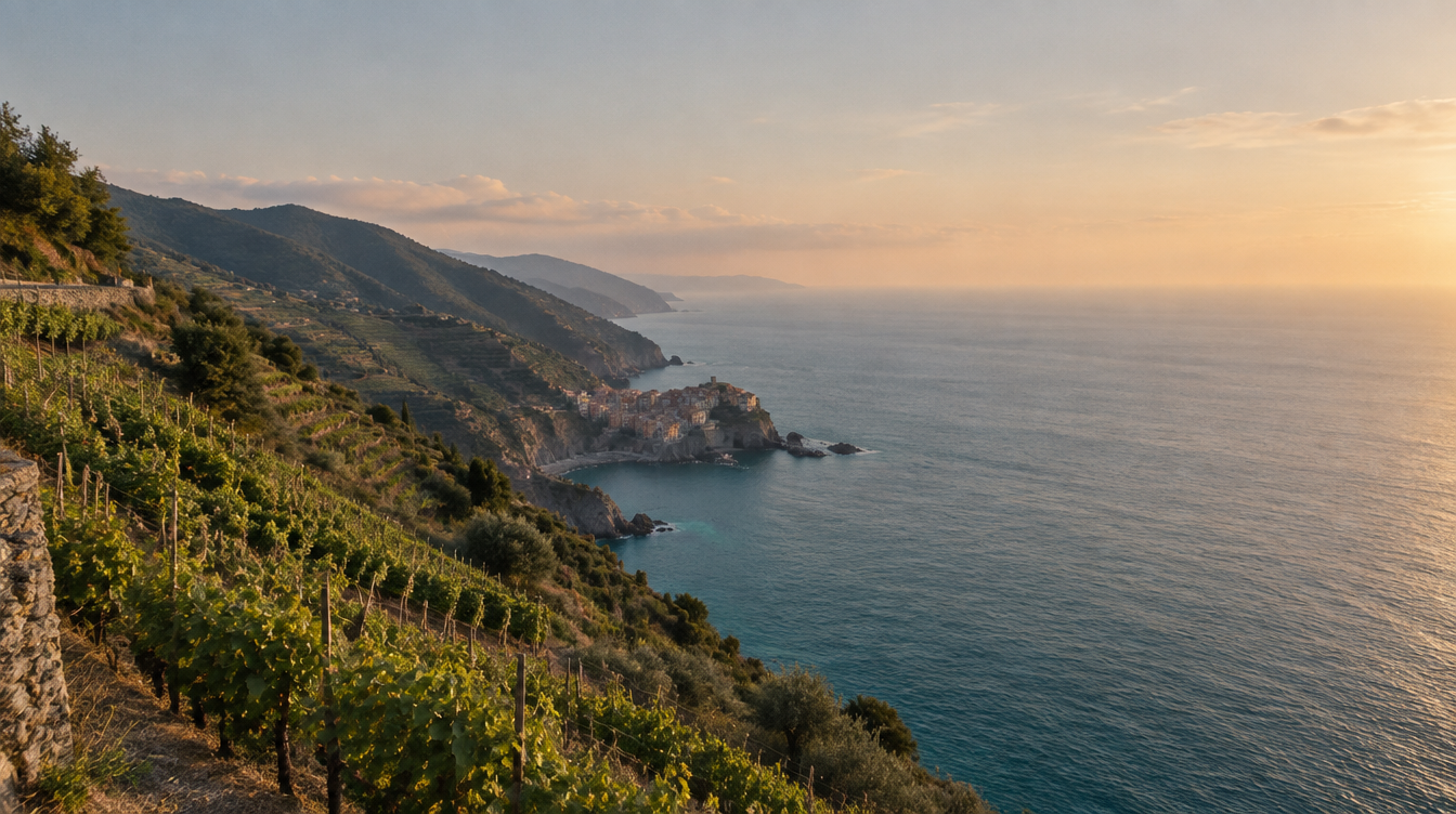 Terraced vineyards falling to the sea on the Ligurian coast near the Cinque Terre at sunset.