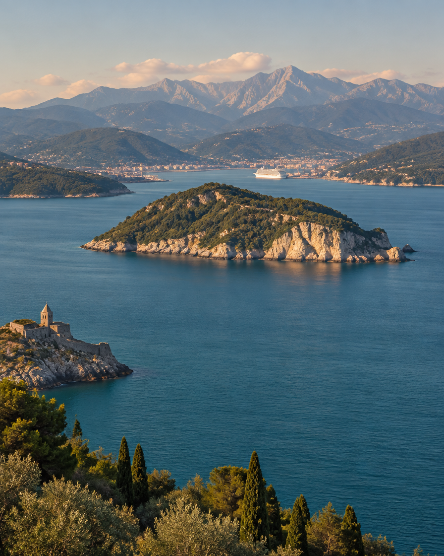 The Gulf of La Spezia with a cruise ship berthed in the distance.
