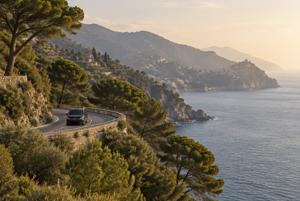 A Mercedes-Benz minivan on a winding road high above the Ligurian sea.
