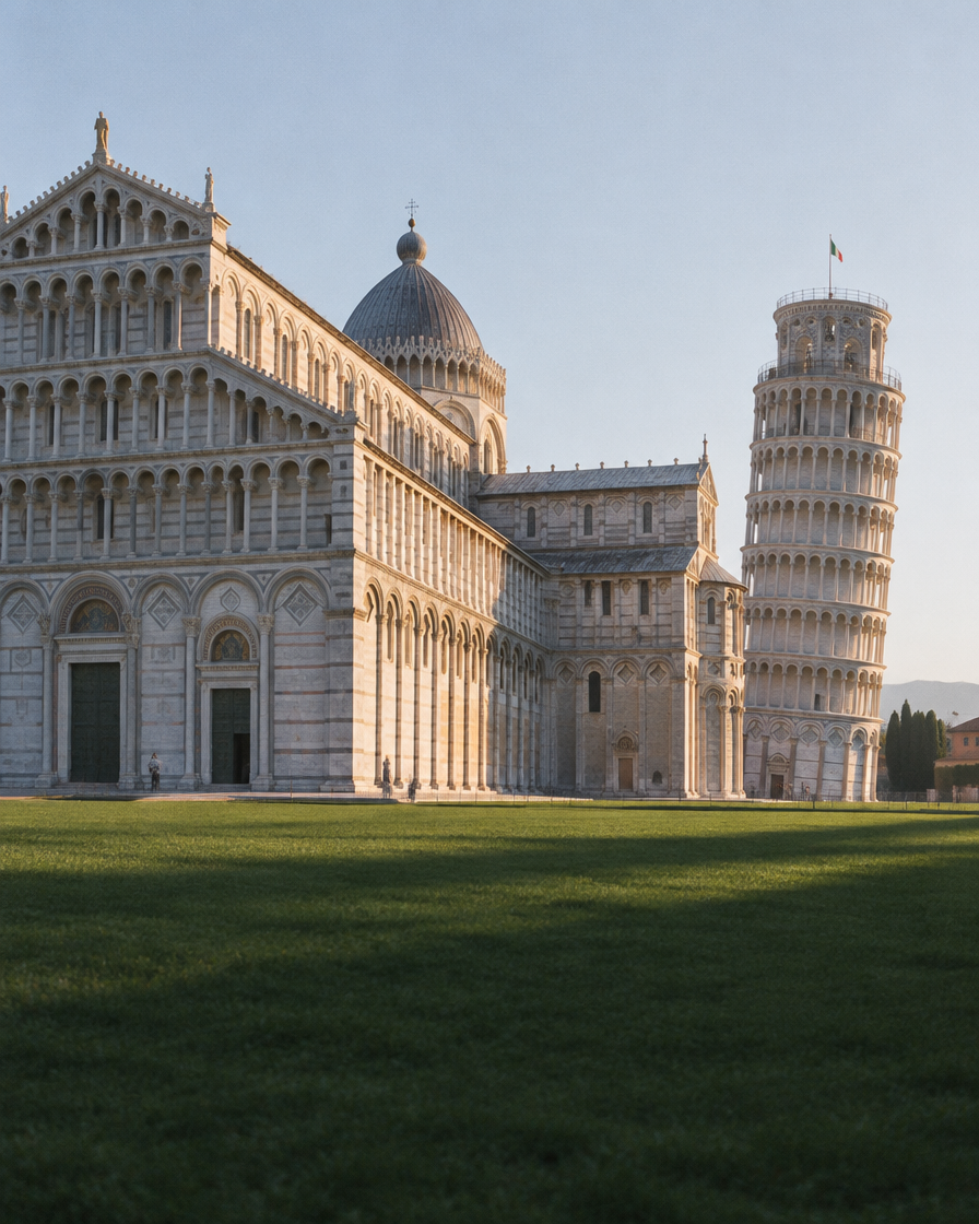 The cathedral and the leaning tower on the Piazza dei Miracoli in Pisa.