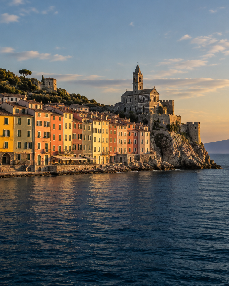 The waterfront of Portovenere with its coloured houses and the church on the point.